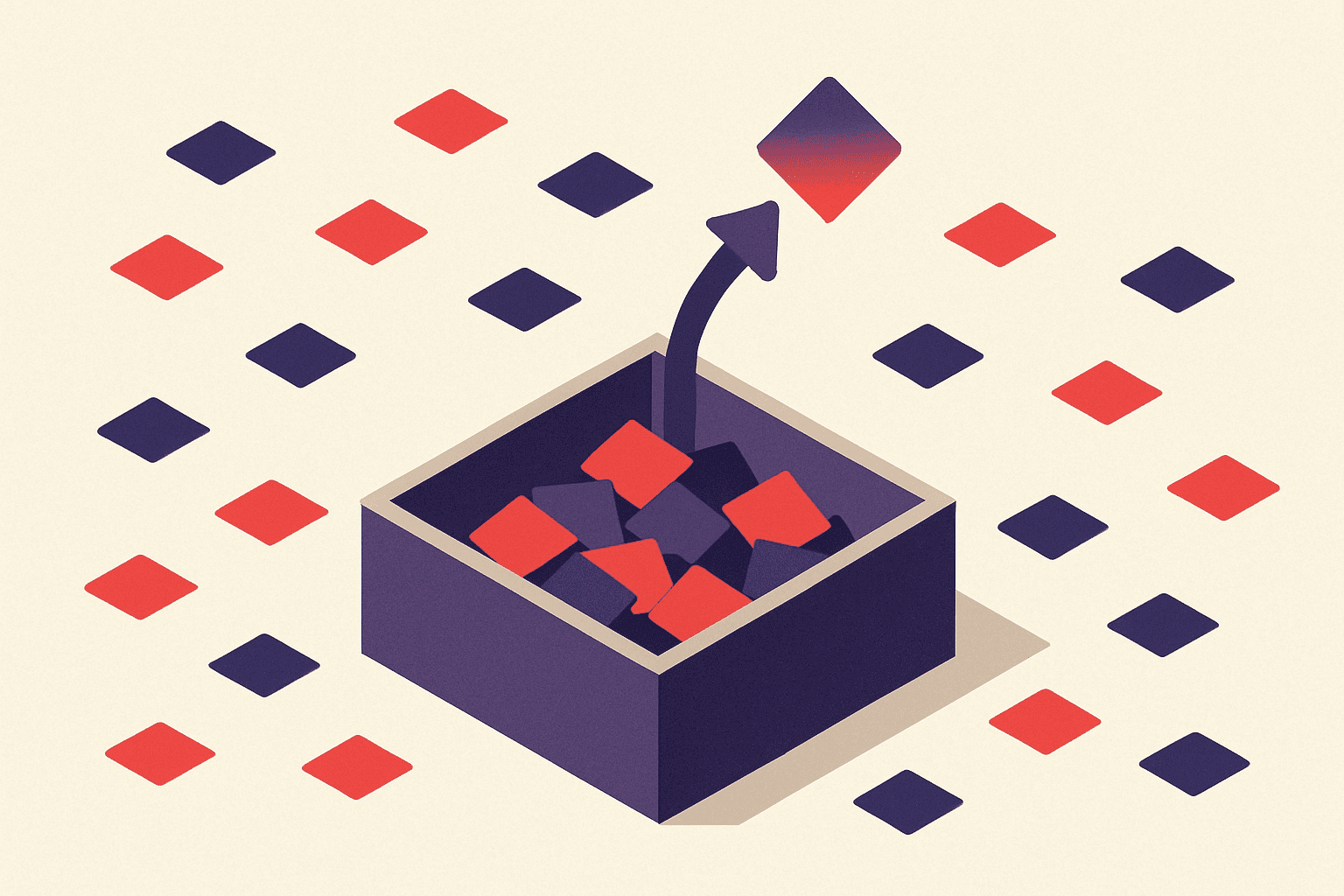 Small geometric forms collecting into one larger container, with a single form lifting away