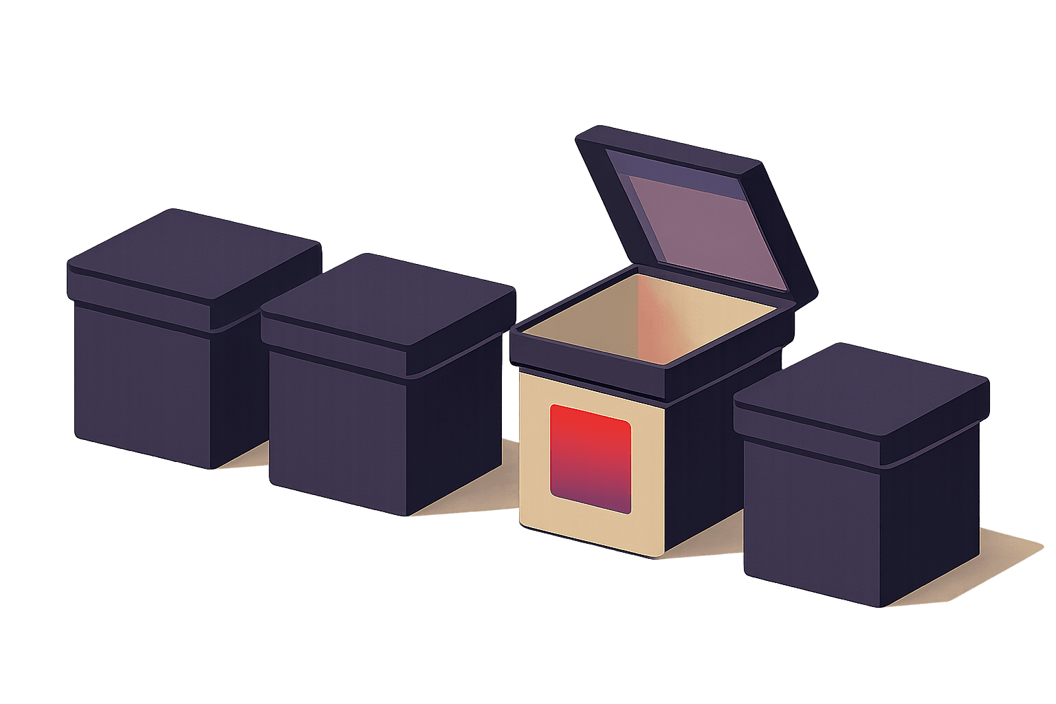A row of identical geometric containers with one opened and marked differently