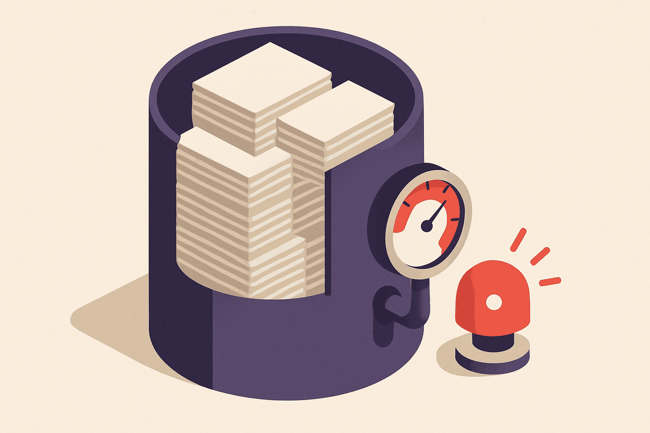 A storage tank slowly filling with stacked paper documents, a pressure gauge on its side creeping into the red zone, and a small alarm bell beginning to ring beside it