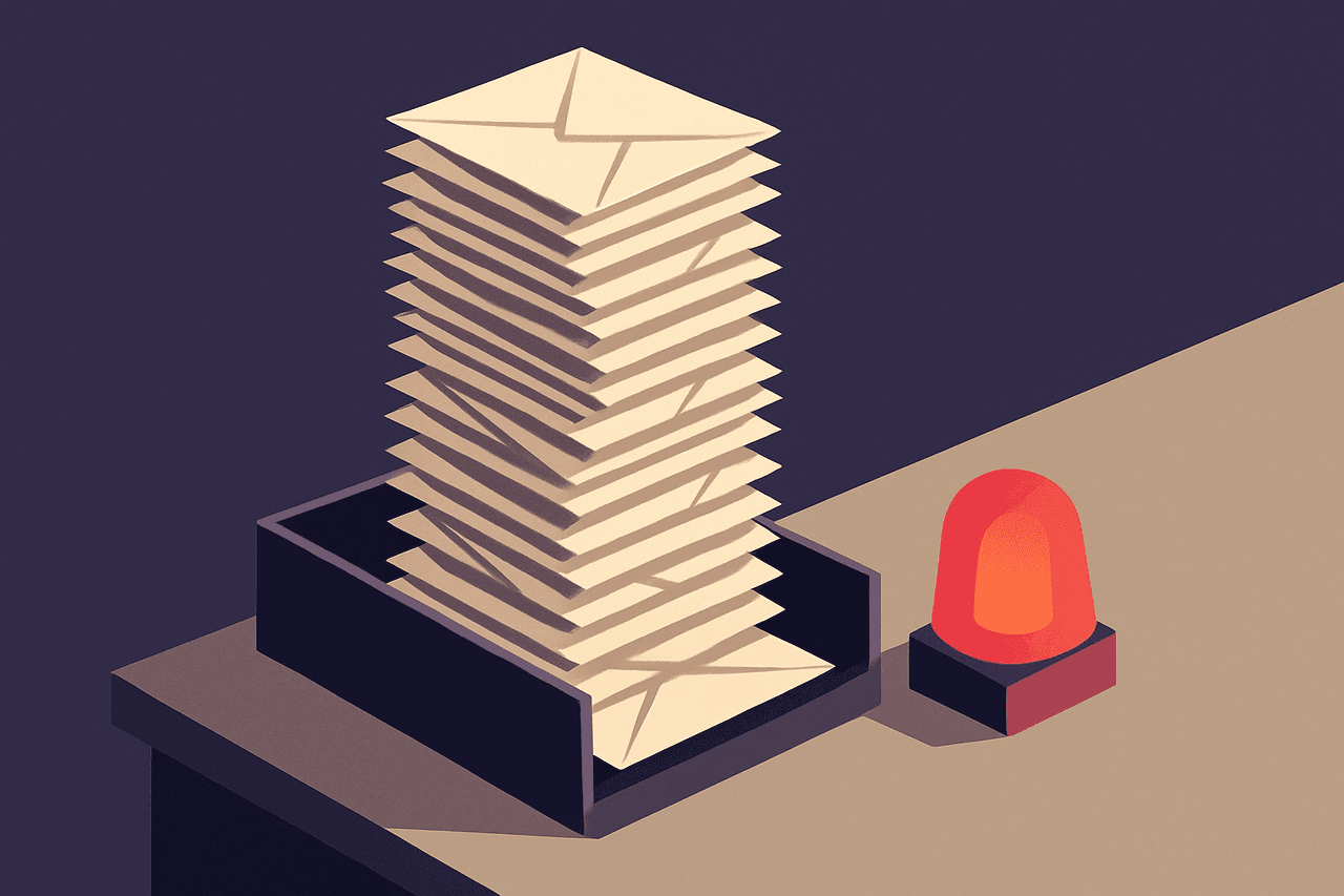 A stack of letters piling higher and higher in a sorting tray while a small warning lamp lights up on the desk beside it.