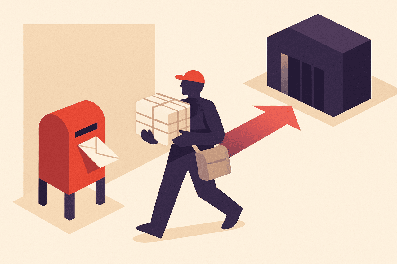A small neighbourhood post box collecting local letters and handing them all to a single trusted courier, who carries the bundle onward to a large central sorting depot.