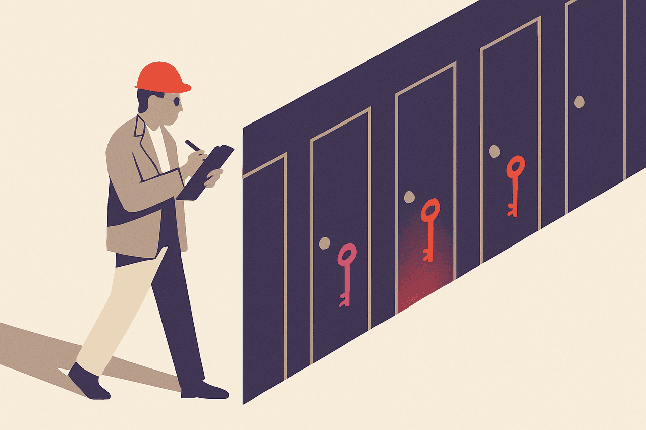 An inspector with a clipboard walking a long row of numbered doors, noting on each which master keys open it.