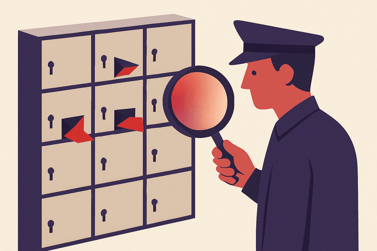 a postal inspector holding a magnifying glass over a wall of numbered mailboxes, calmly flagging the few whose little doors hang open while the rest stay shut and locked
