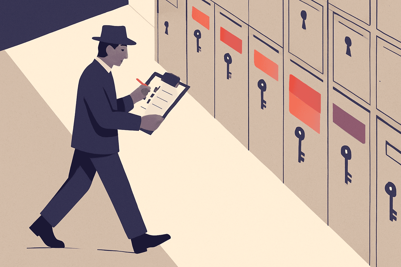 An inspector walking a long corridor of labelled storage lockers, clipboard in hand, ticking off a list of which keys open which locker — nothing is being opened or changed, only recorded.