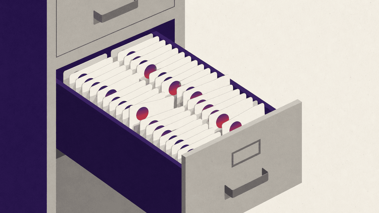A geometric vector illustration of a filing cabinet with organized permission cards inside gradually becoming misaligned and scattered, representing permission drift over time.