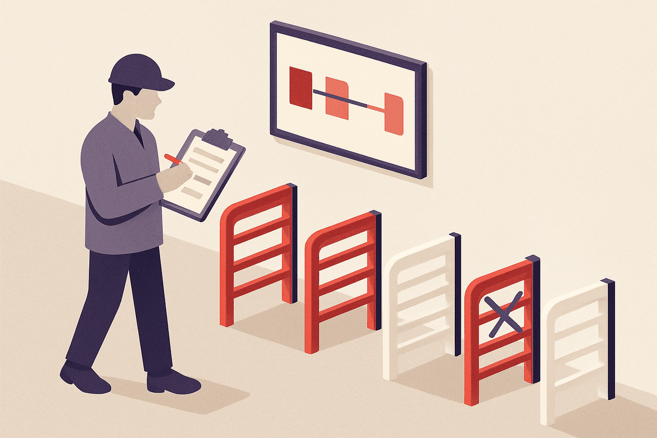 A clipboard-carrying inspector walking a row of gates, comparing each one against a framed master plan on the wall and ticking the gates that no longer match it.