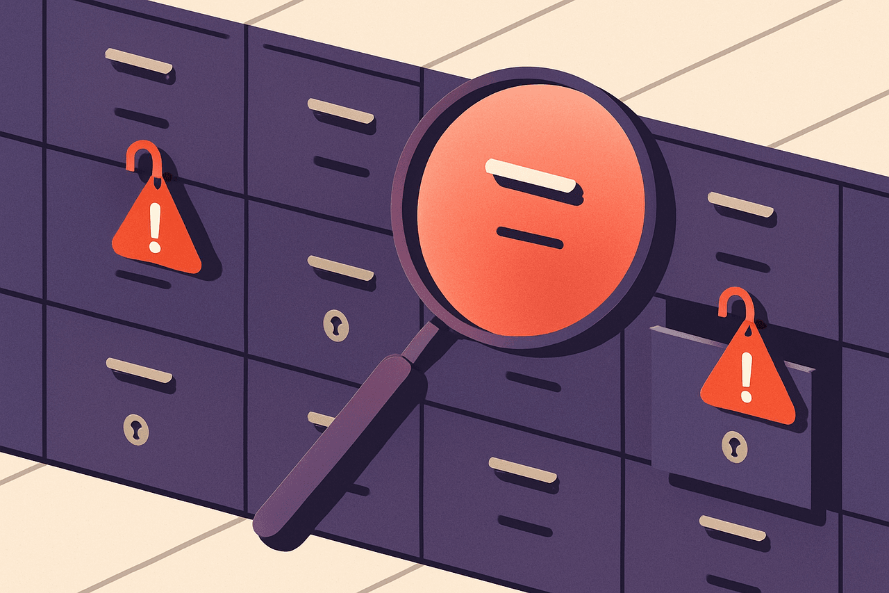 a magnifying glass moving over rows of filing-cabinet drawers, some drawers flagged with warning tags because their locks are hanging open