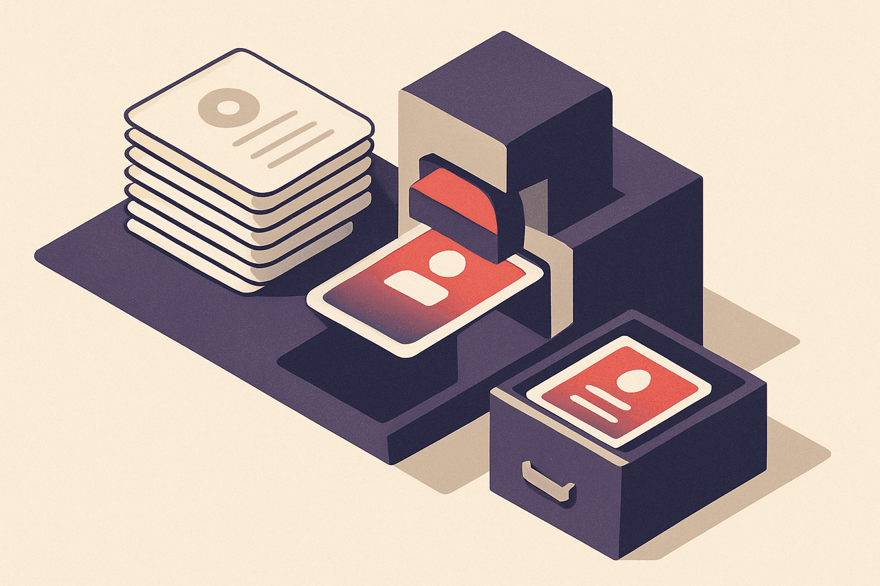 A stack of paper forms feeding into a machine that stamps each one into a finished ID badge and drops it into a filing drawer.