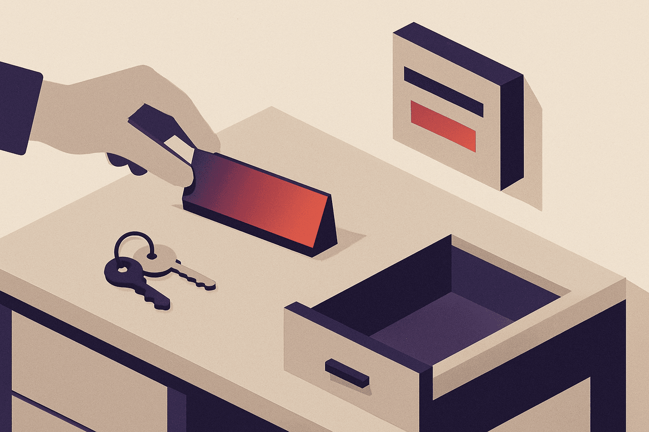 A fresh office desk being set up for a new arrival — a nameplate being placed, a ring of keys, a labelled mail slot on the wall, and an empty drawer pulled open, all laid out ready.
