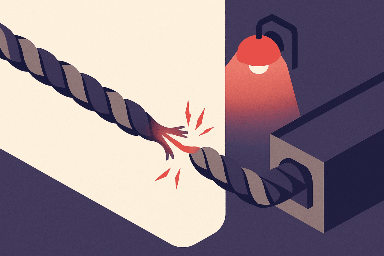 Two ropes twisted into one thick cable feeding a machine; a small wall lamp glows red the moment one of the two strands frays and snaps.