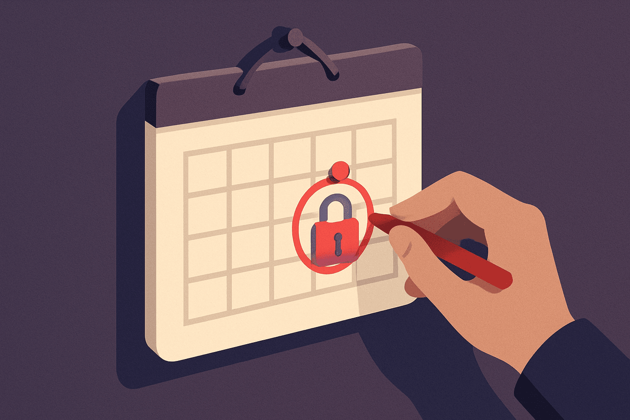 A calendar page on a wall with a small padlock icon pinned to a future date, and a hand circling that date well ahead of time.
