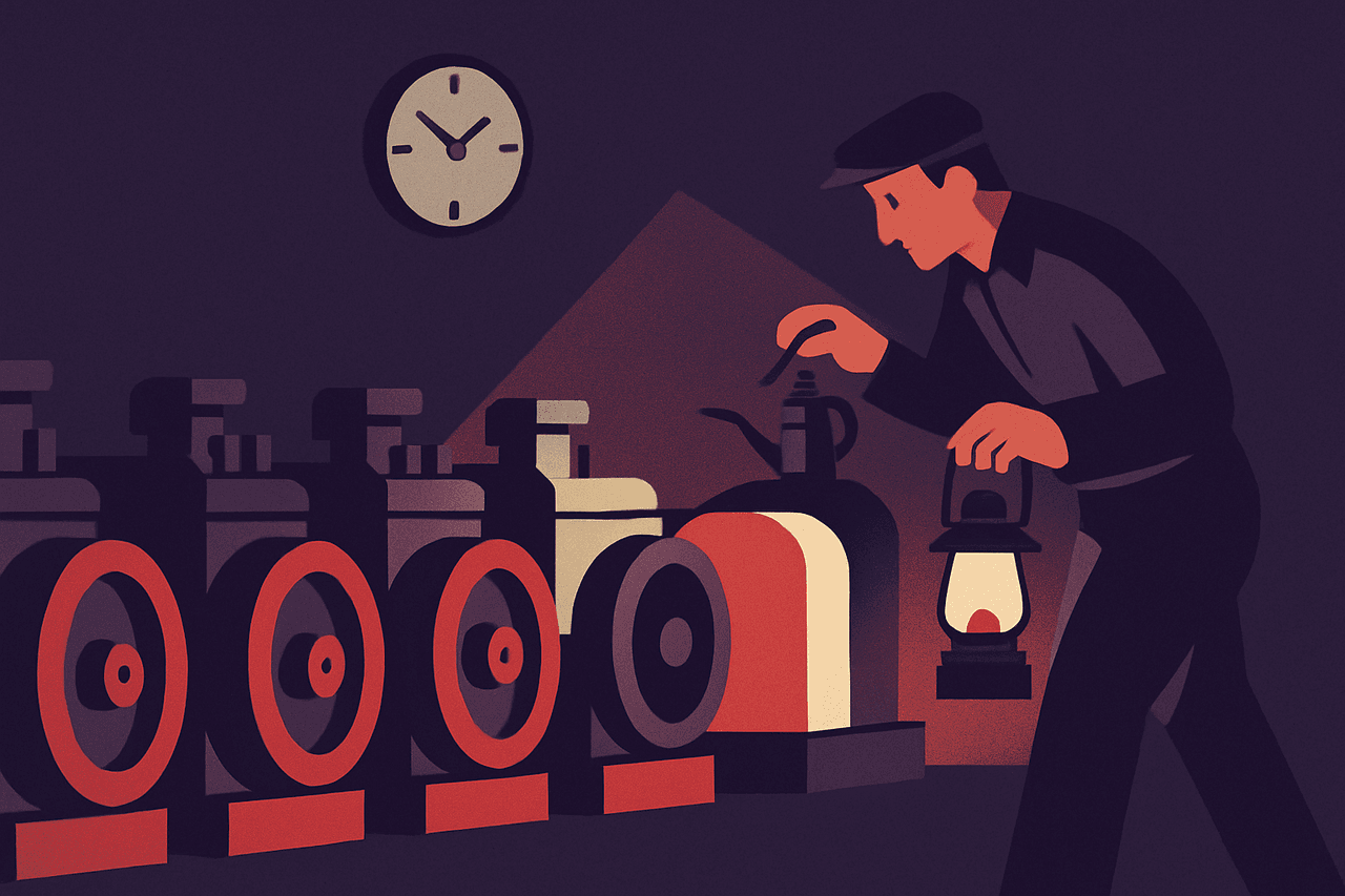 A night watchman oiling and repairing a row of machines by lamplight, with one machine switched off to rest beneath a wall clock reading two o'clock.