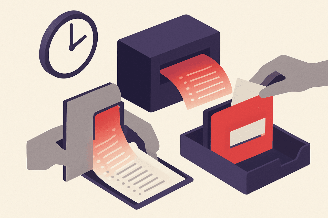 A wall clock beside a printer feeding out a tidy roster of names and numbers, a hand filing one copy into a labelled folder and dropping another in an outbox tray.