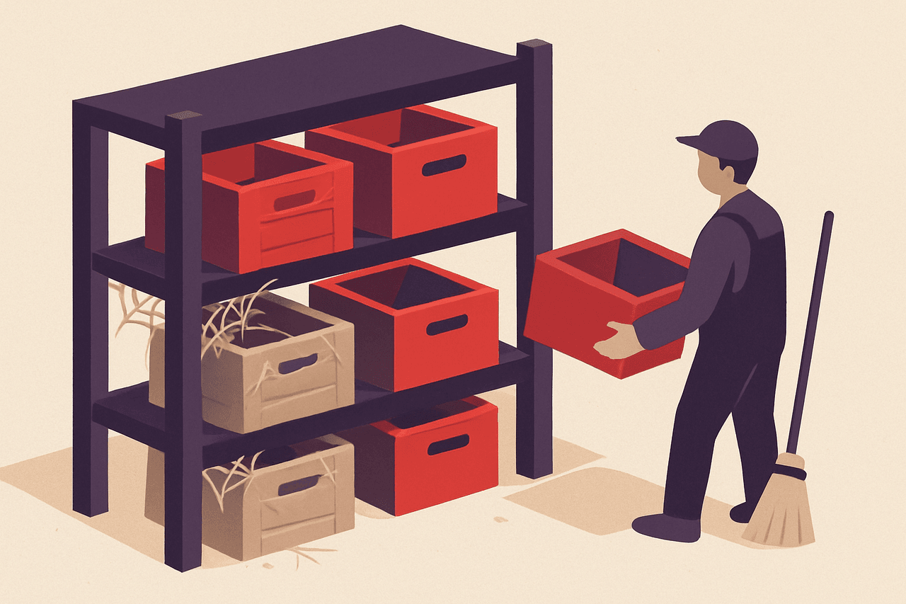 A workshop shelf crowded with dusty stacked crates, where a janitor removes only the ones marked with old dates and cobwebs, leaving the fresh crates in place.
