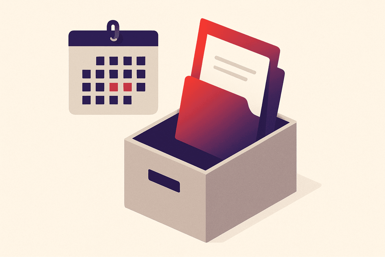 A filing clerk pulling one folder out of a sealed archive box, opening it to confirm every page is still inside, then sliding it back — repeated on a calendar schedule.