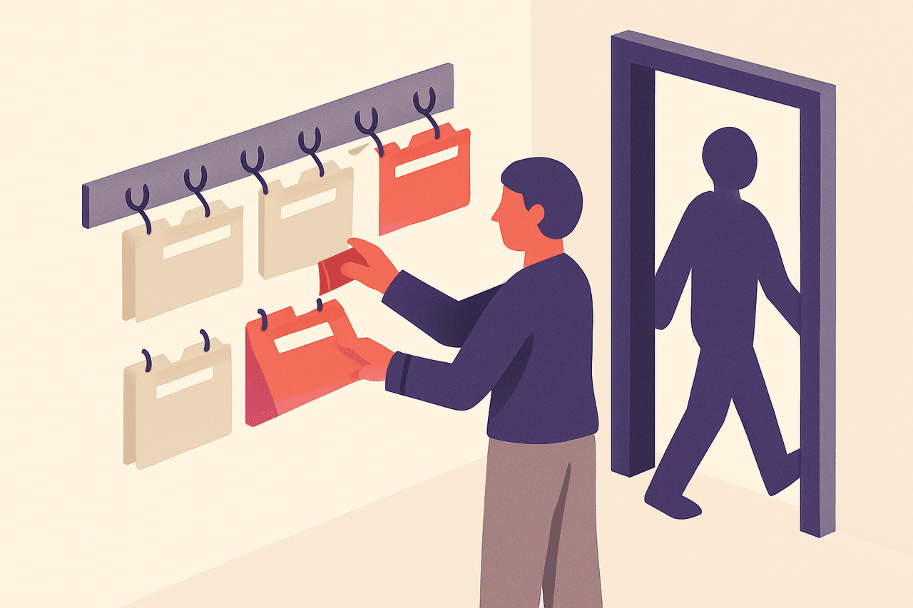 A filing clerk hanging labelled folders onto numbered hooks on a wall as each person walks through a doorway, the same hooks re-hung fresh for every arrival.