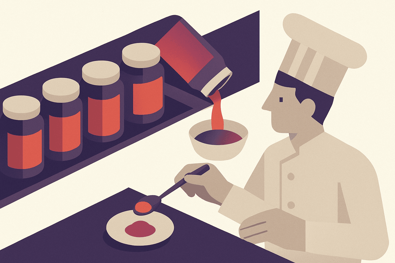 A row of labelled jars on a pantry shelf, the oldest one at the end being taken down and emptied, while a cook spoons a little from the newest jar onto a tasting plate to check it is good.