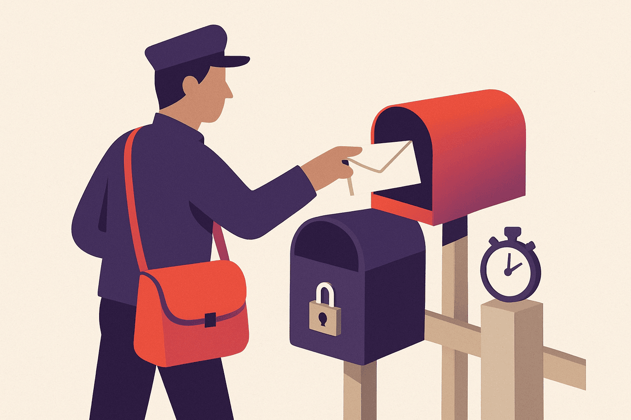 A letter carrier finding the first mailbox padlocked and dropping the letter into a second standby mailbox beside it, a stopwatch resting on the fence post.