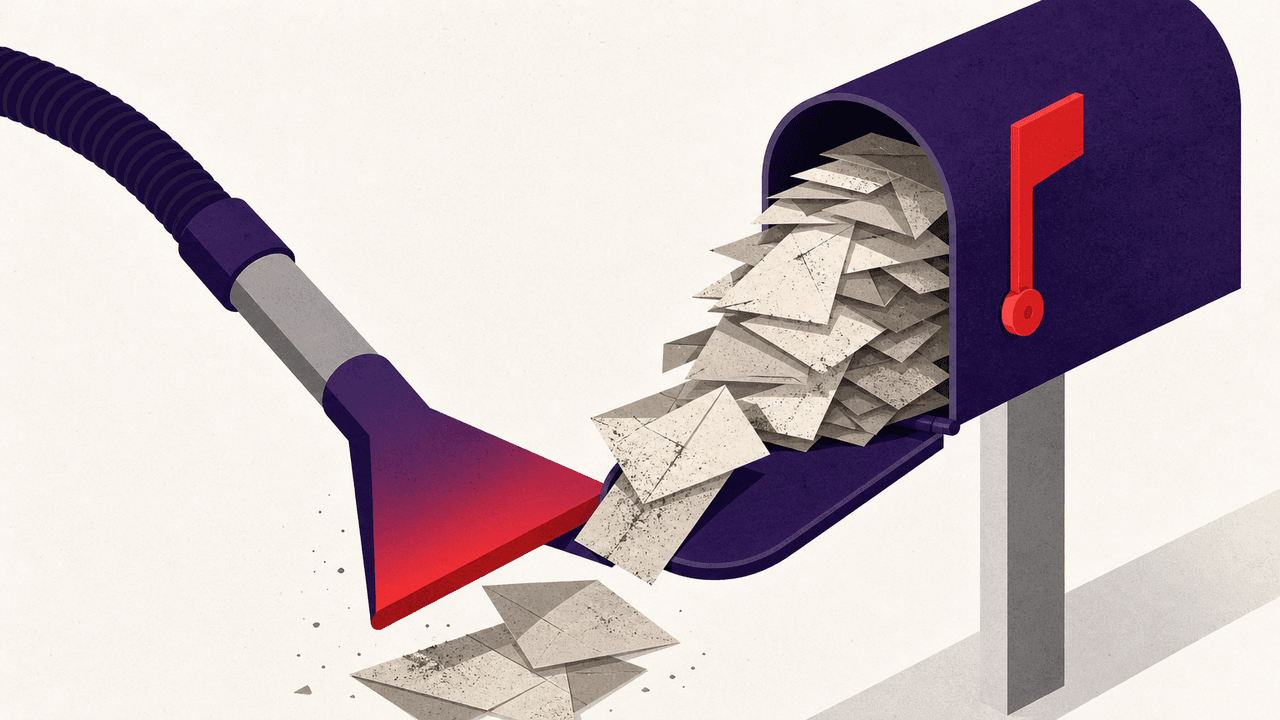 Illustration of an overstuffed mailbox with yellowed letters spilling out, while a vacuum hose selectively removes the oldest envelopes from the pile.