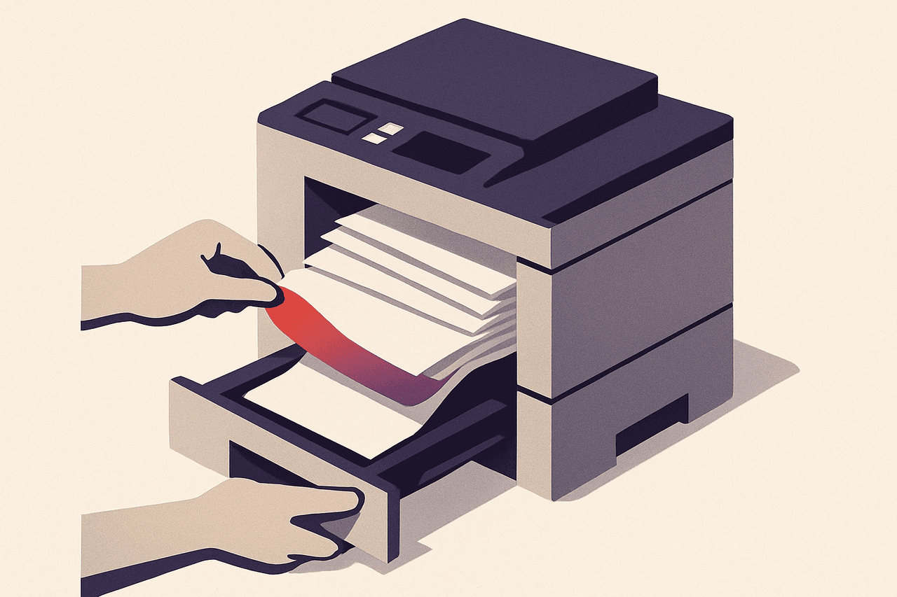 A jammed paper tray on an office printer being cleared and reset, with a stack of stuck pages sliding out and the tray running clean again.