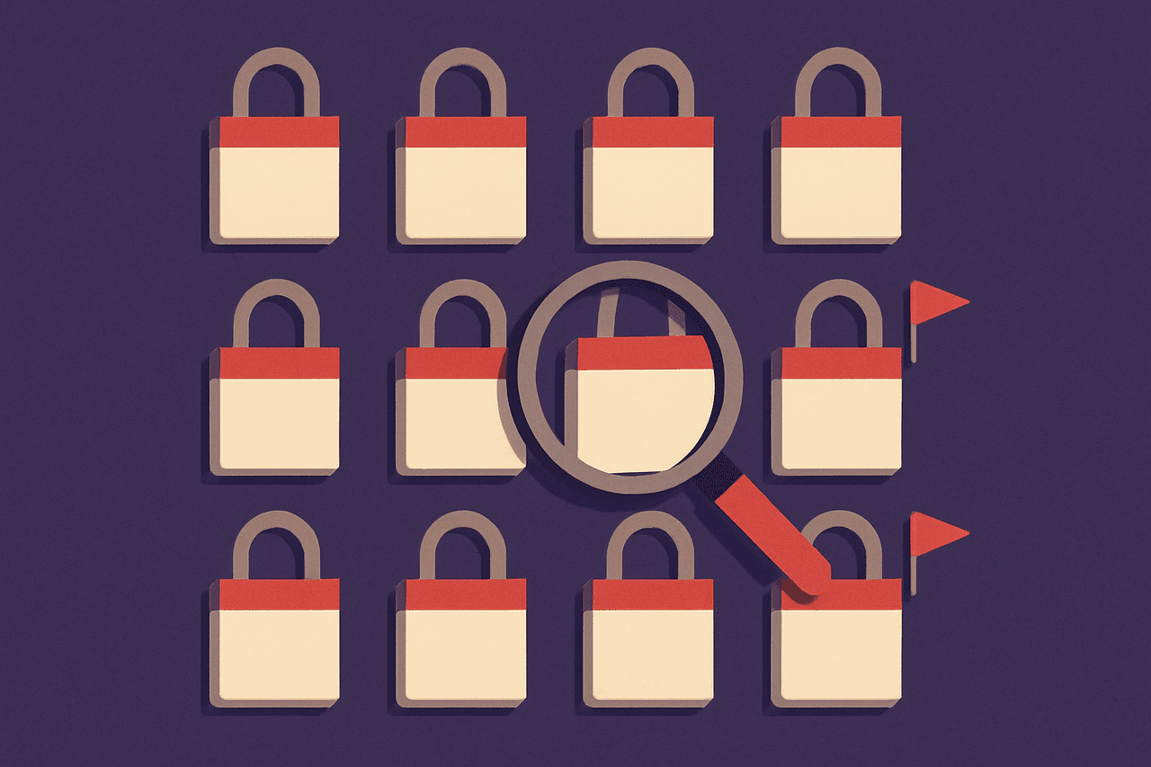 A wall of many small calendars, each pinned to a padlock, with a magnifying glass moving along the row and a red flag popping up on the ones near their last dated page.