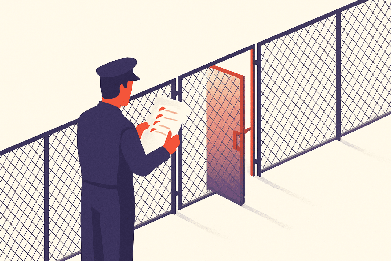 A gatekeeper standing at a long fence, reading a paper checklist and opening or locking specific numbered gates one by one to match the list.
