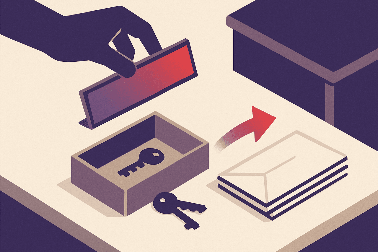 An office desk being cleared out — a name plate lifted off its holder, keys dropped into a labelled box, and a small arrow redirecting a stack of letters toward a neighbouring desk.