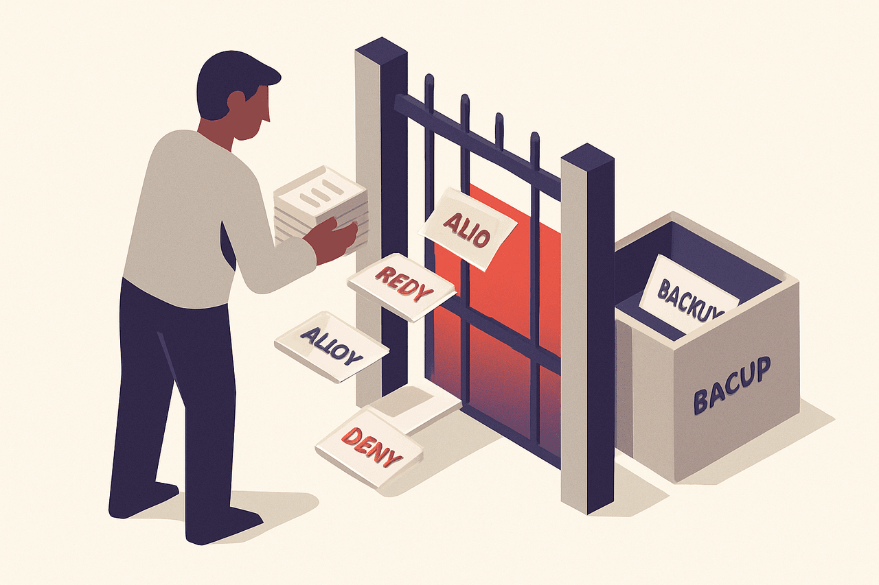A clerk feeding a stack of small permit slips through a guarded gate, each slip stamped allow or deny, with an identical copy dropped into a labelled backup drawer beside the gate.