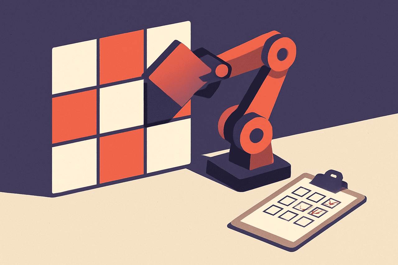 A robot arm placing a fresh tile into a wall of tiles, while a clipboard beside it records each tile that was fitted.