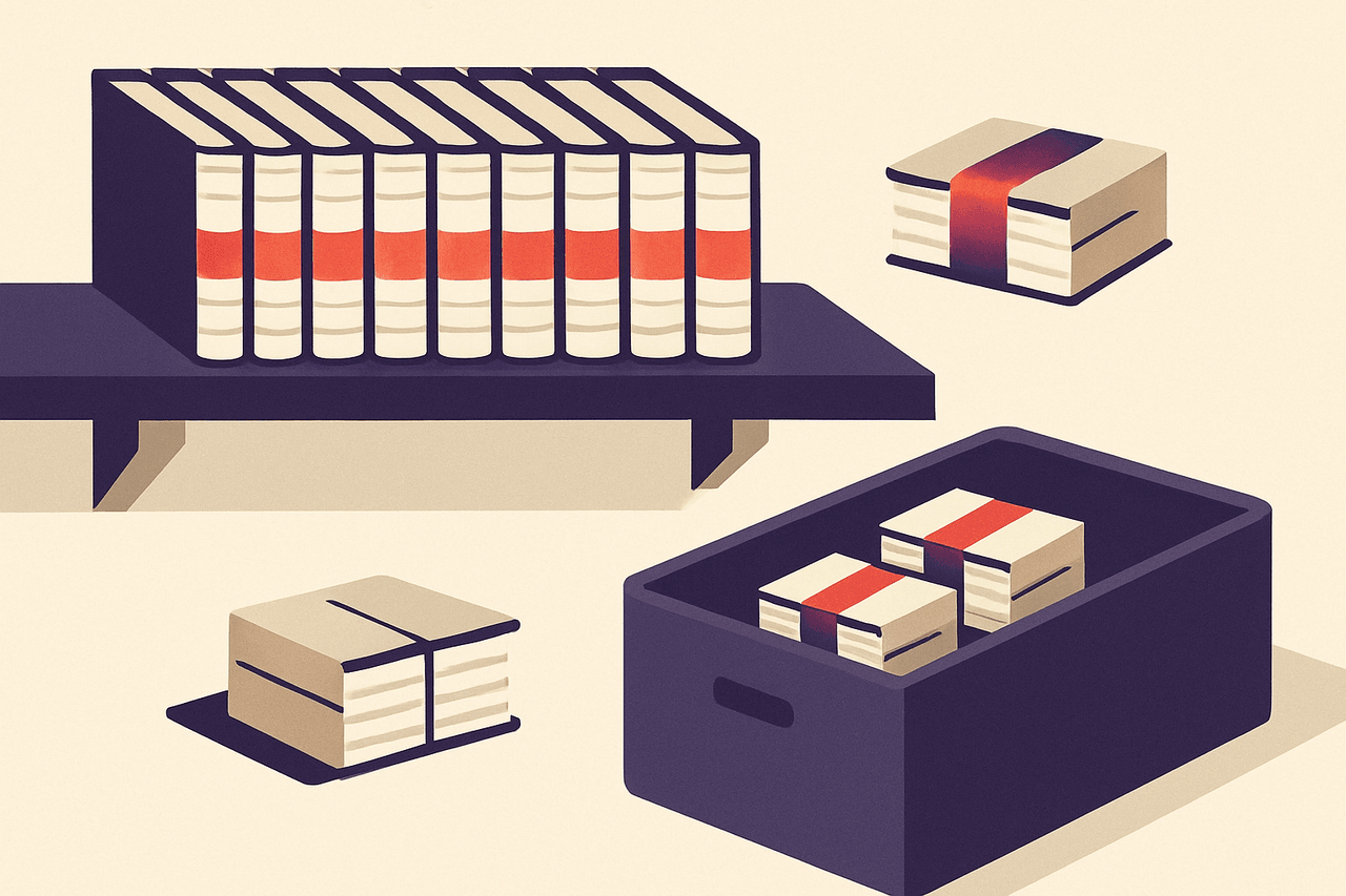 A shelf of dated logbooks where each day's fat book is bundled, shrunk into a small sealed packet, and the oldest packets are lifted off the end of the shelf into a bin.