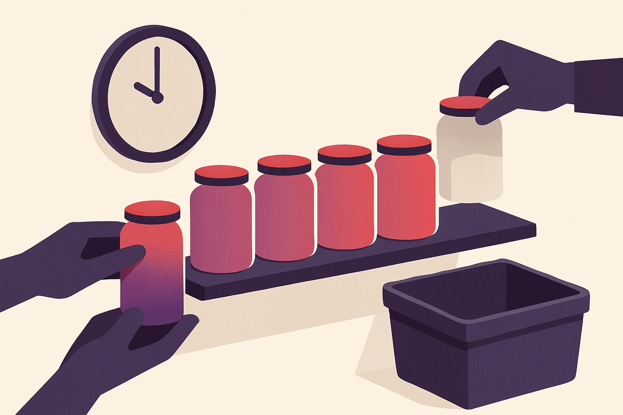A wall clock beside a shelf of dated glass jars; a hand sets a fresh jar on one end while the oldest jars at the other end are lifted away into a bin