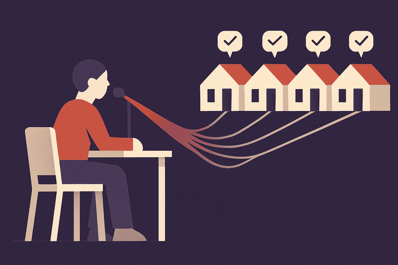 One person at a desk speaks a single instruction into a microphone, and it branches out to a whole row of identical distant houses at once, each house sending back a small reply note.
