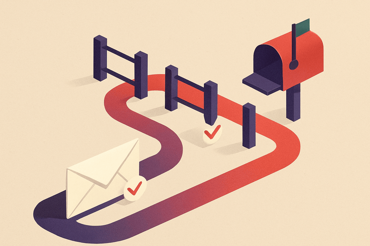 An envelope travelling along a route past a series of gates, each gate stamped with a tick as the letter passes, ending in a mailbox with a green flag up.