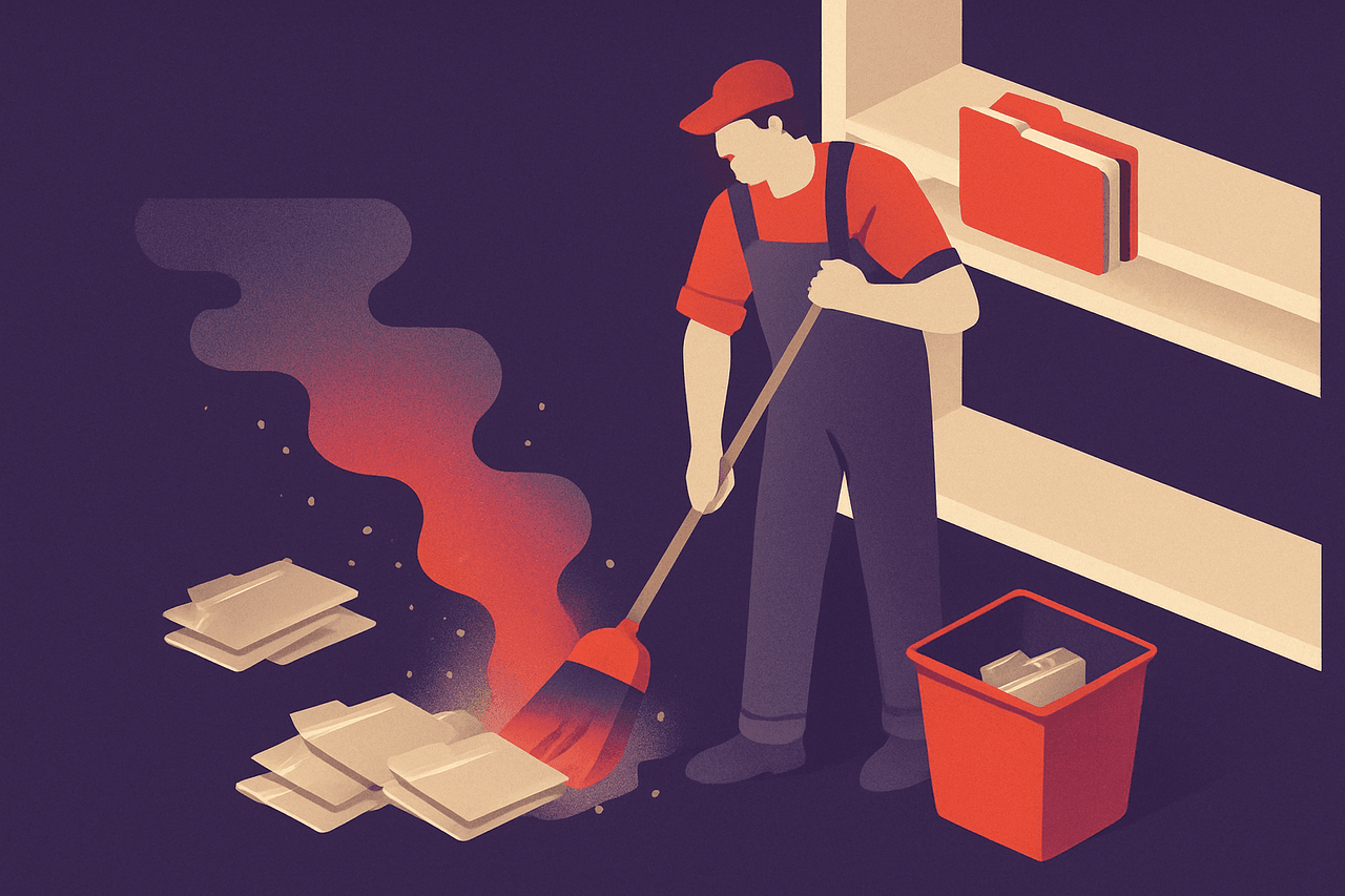 A janitor sweeping a pile of dusty, date-stamped paper folders into a bin while leaving the fresh, recent folders neatly on a shelf.