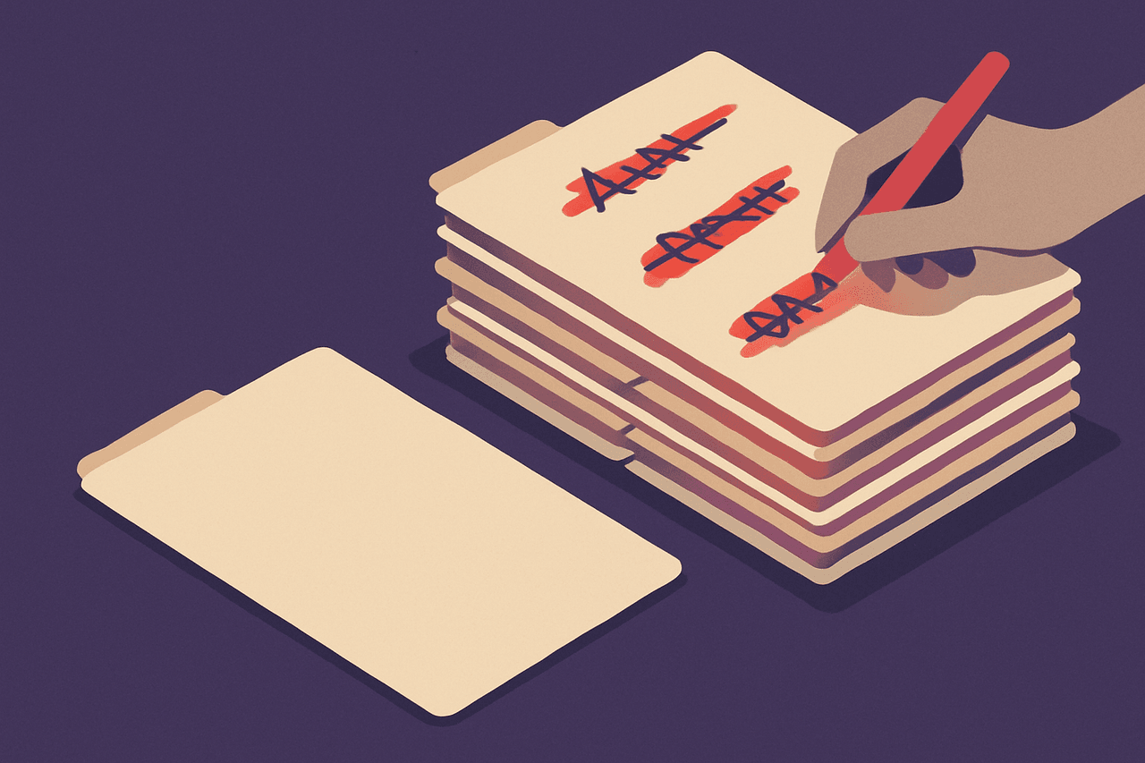A stack of paper folders on a desk, each with a handwritten label; a hand crossing out one word on every label and writing a new word above it, with one folder set aside untouched.