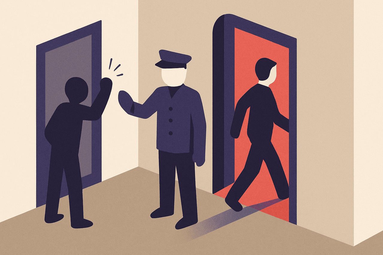 A doorman at a building entrance turning away a figure who has knocked too many times, while a familiar regular on a small trusted list walks straight through.