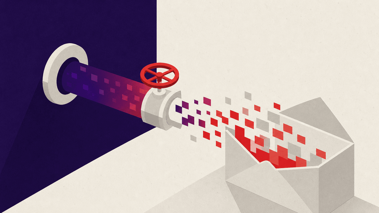 A geometric illustration of a compressed package arriving at a mail server's boundary, with a decompression mechanism at the entry point where data expands outward.