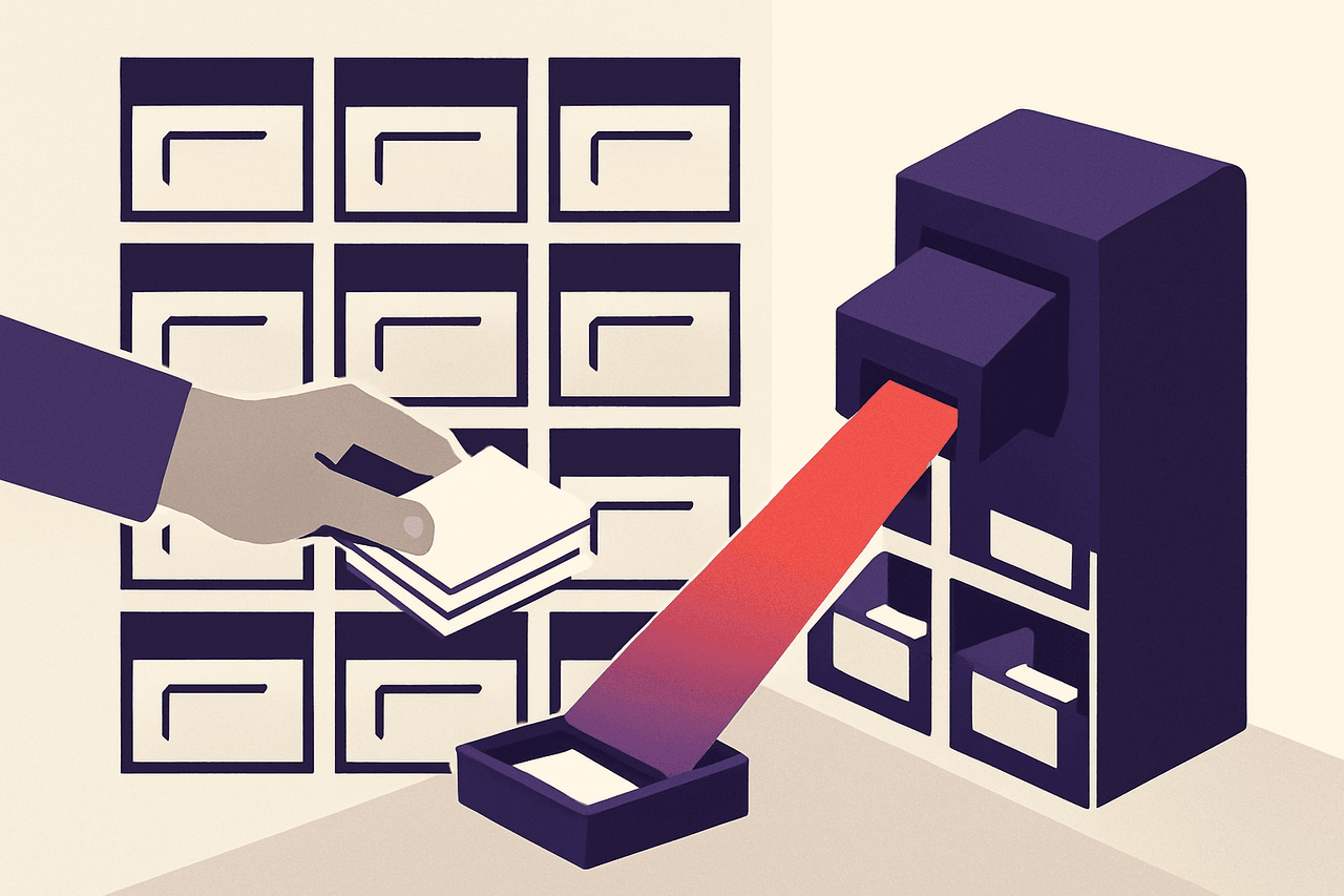 A hand feeding a stack of paper name-slips into a sorting machine that drops each slip into its own labelled pigeonhole on a wall of mailboxes.
