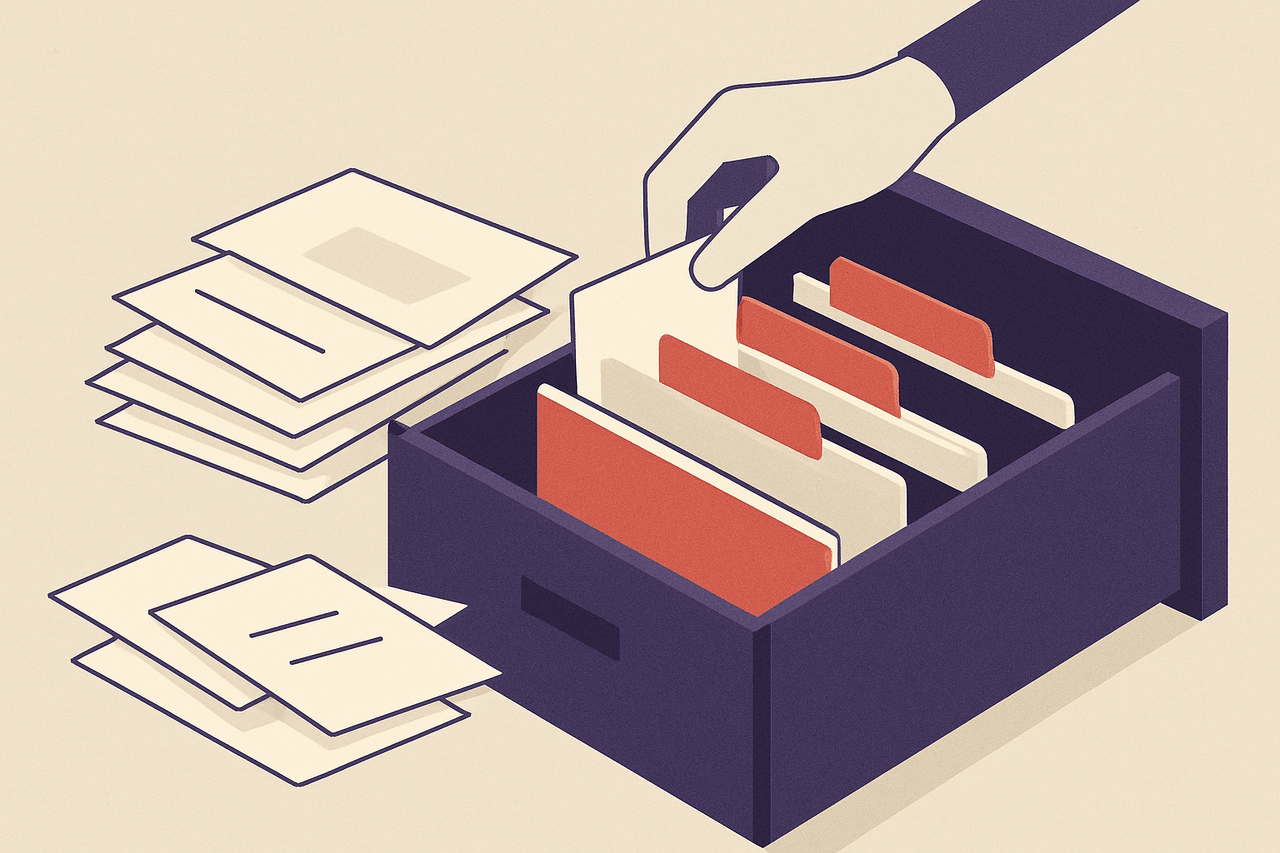 a heap of loose papers being sorted by hand into labelled folders arranged by month and year in an open drawer