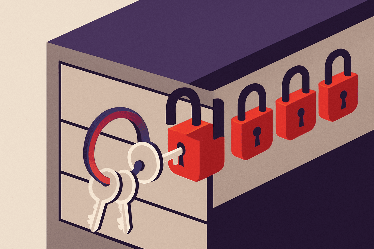 Illustration of keys unlocking a row of padlocks on a filing cabinet