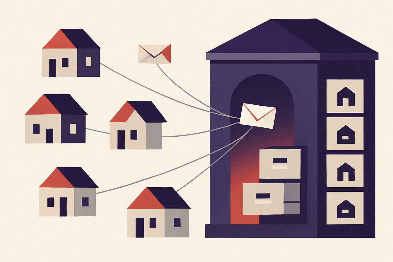 A cluster of small houses each sending a paper note along a string to one large post office building, where a clerk files each note into a labelled drawer for that house.