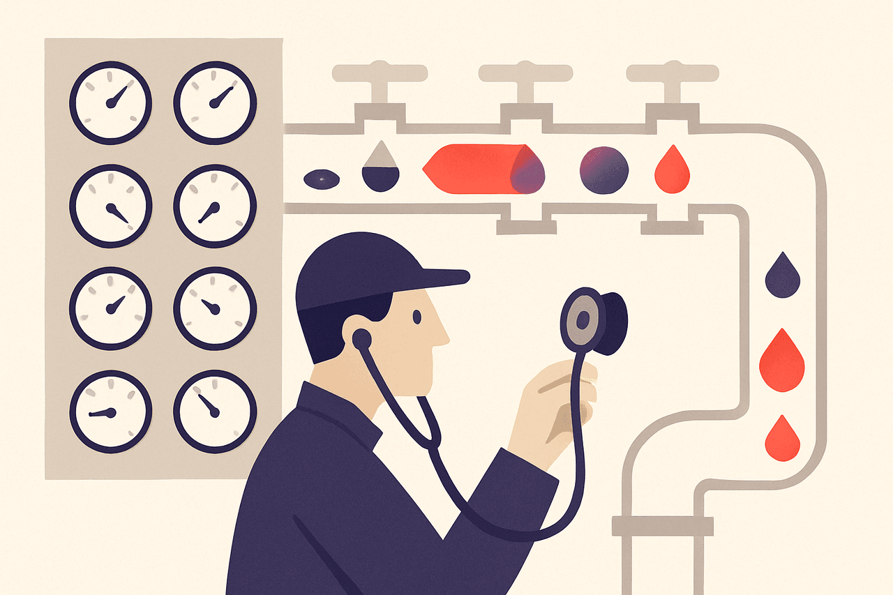 A technician holding a stethoscope against a transparent pipe fitted with four numbered gates, watching coloured droplets pass or stop at each gate, beside a wall of live-updating dials.