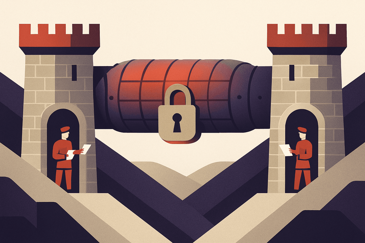 Two fortified gatehouses on opposite sides of a valley, joined by an armoured tunnel with a padlock at its midpoint, guards checking papers at each entrance.