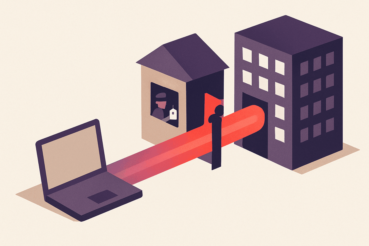 A home worker's laptop joined by a glowing protected tunnel that runs through a gatehouse into an office building, a guard at the gate checking an ID badge before letting the tunnel through.