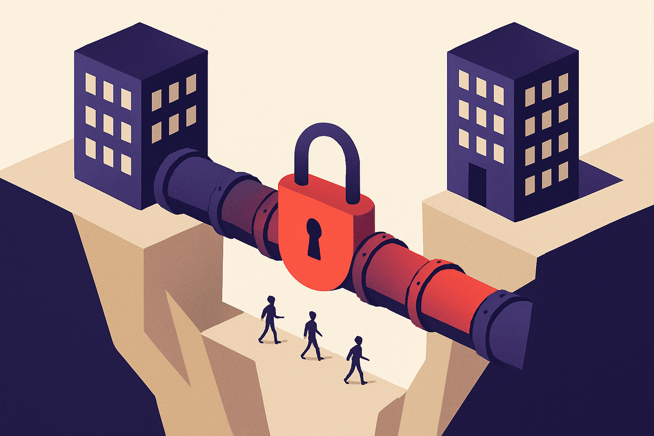 Two office buildings on opposite sides of a canyon joined by a sealed armored pipe with a padlock on it, small figures walking through