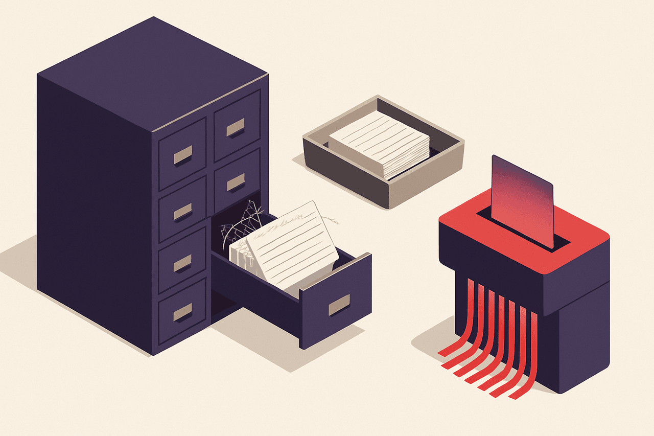 A cabinet of index cards where an archivist pulls out dusty, cobwebbed cards, sets them aside in a holding tray, and only later drops the oldest into a shredder.