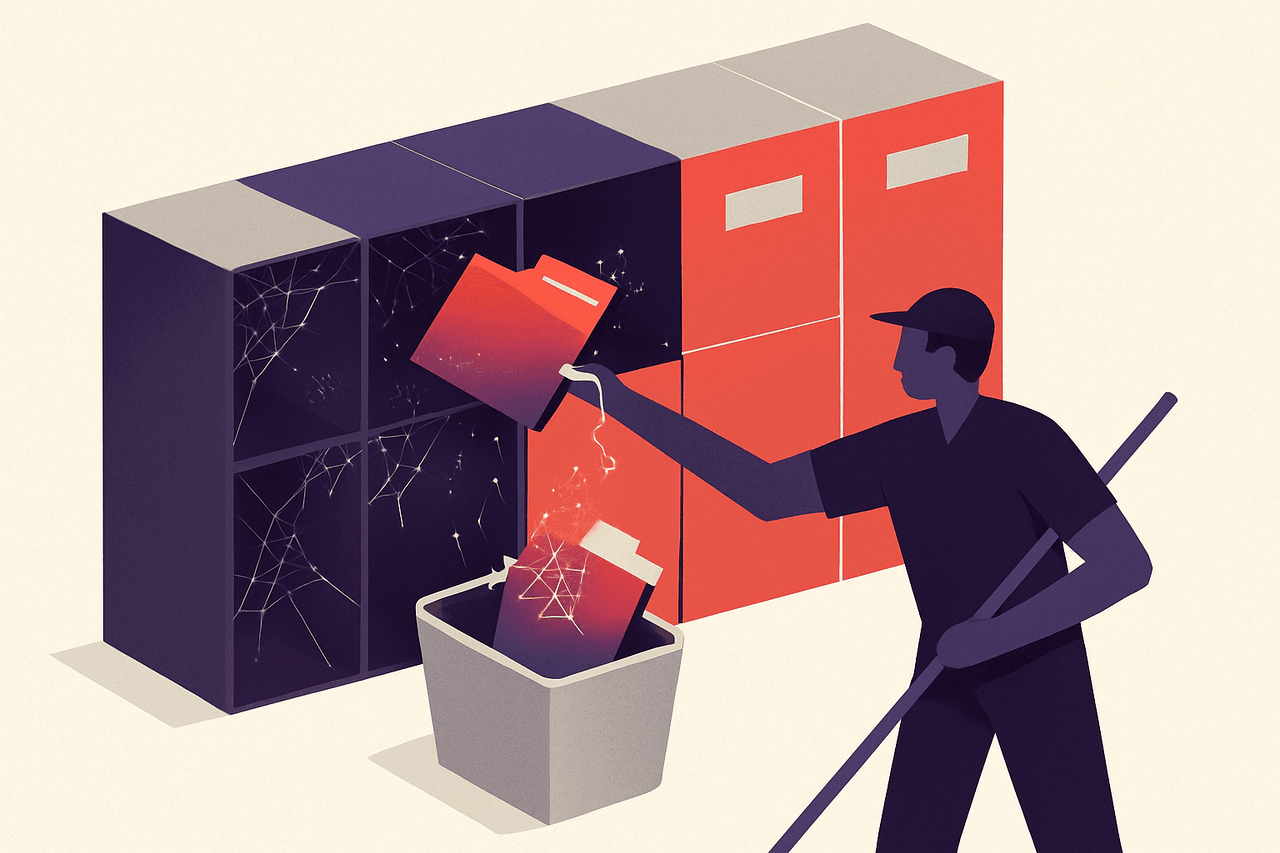 An office cleaner pulling dusty, cobweb-covered name folders out of a row of lockers marked with old dates and dropping them in a bin, while the freshly-labelled lockers next to them are left untouched.