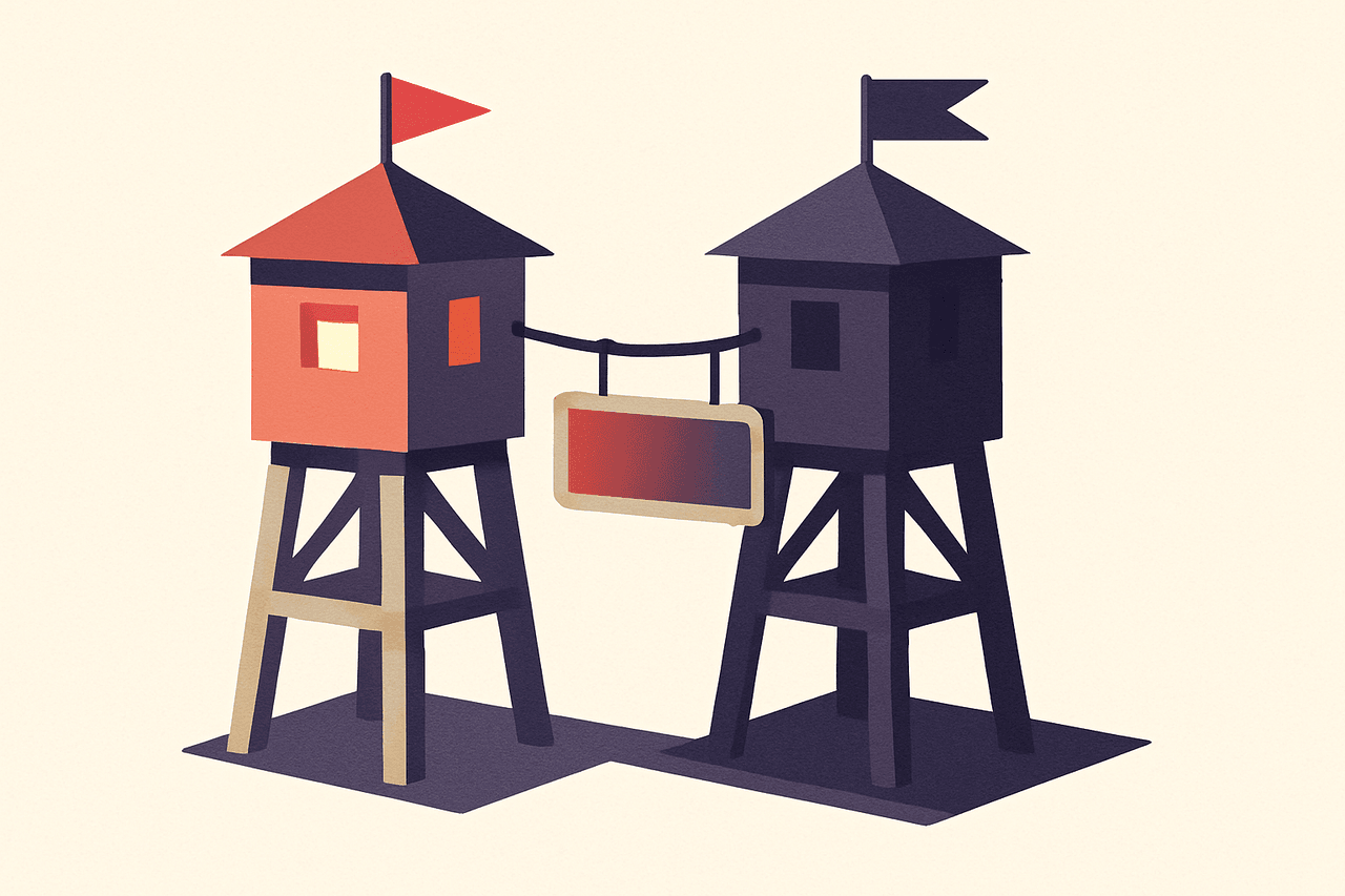 Two identical sentry towers standing side by side, wired together by a short bridge, one tower lit and awake while the other stands dark and ready, with a single shared nameplate hanging between them that can slide from one to the other.