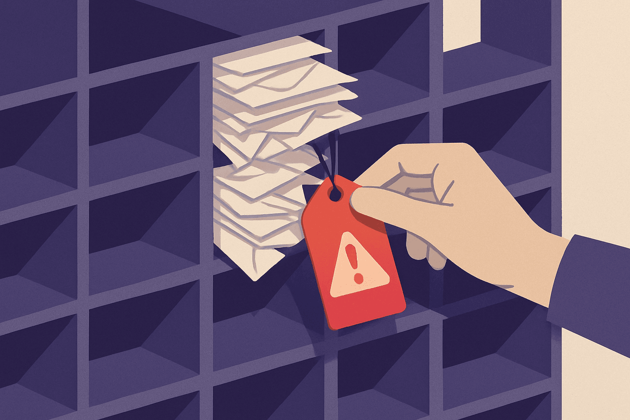 a wall of pigeonhole mail slots, a few stuffed so full letters spill out, and a hand clipping a warning tag onto the overflowing ones