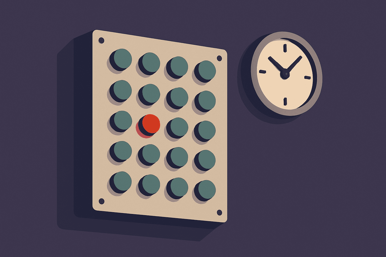 a wall-mounted panel of small round lights, most glowing green and one red, with a clock beside it ticking on a fixed interval